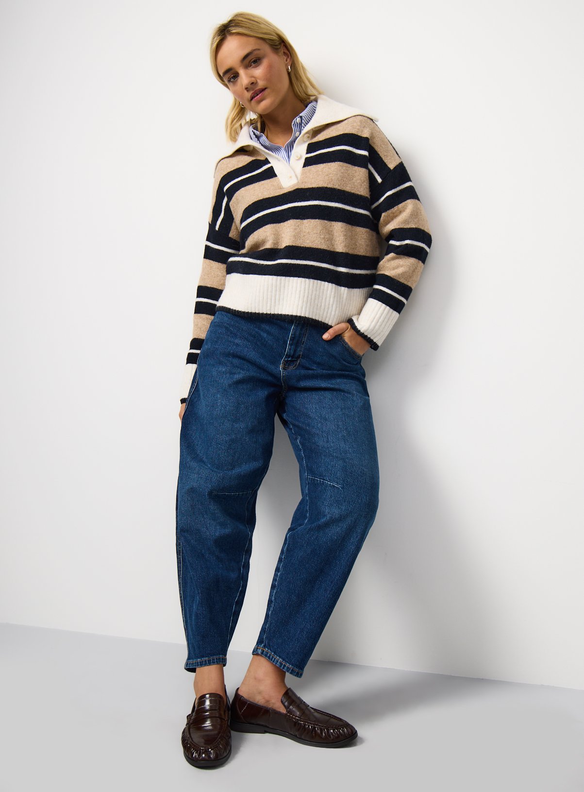 Brown Stripe Knitted Oversized Collar Rugby Style Jumper M - Image 3 thumbnail
